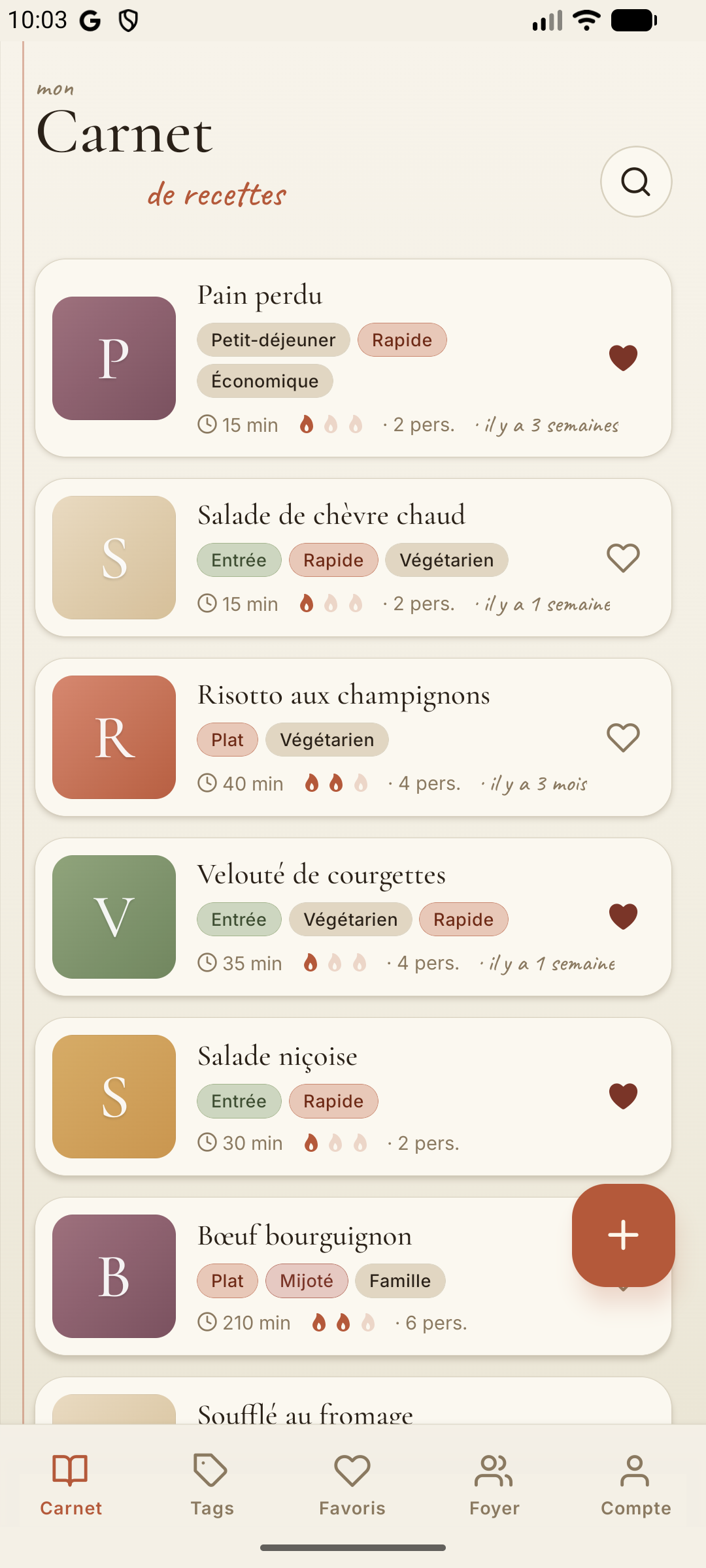 Écran d'accueil de l'application Carnet de recette montrant un carnet de cuisine numérique