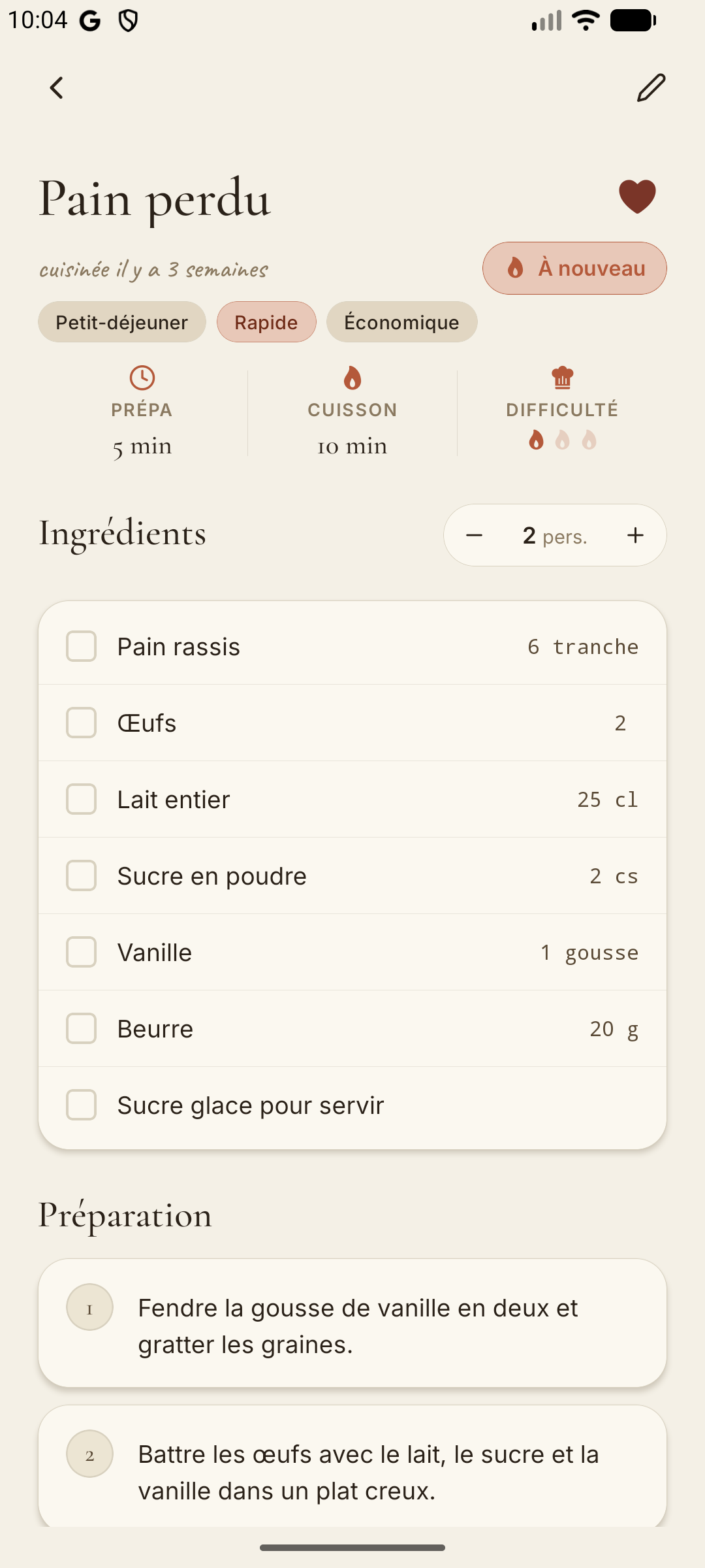 Écran de détail d'une recette dans l'application Carnet de recette